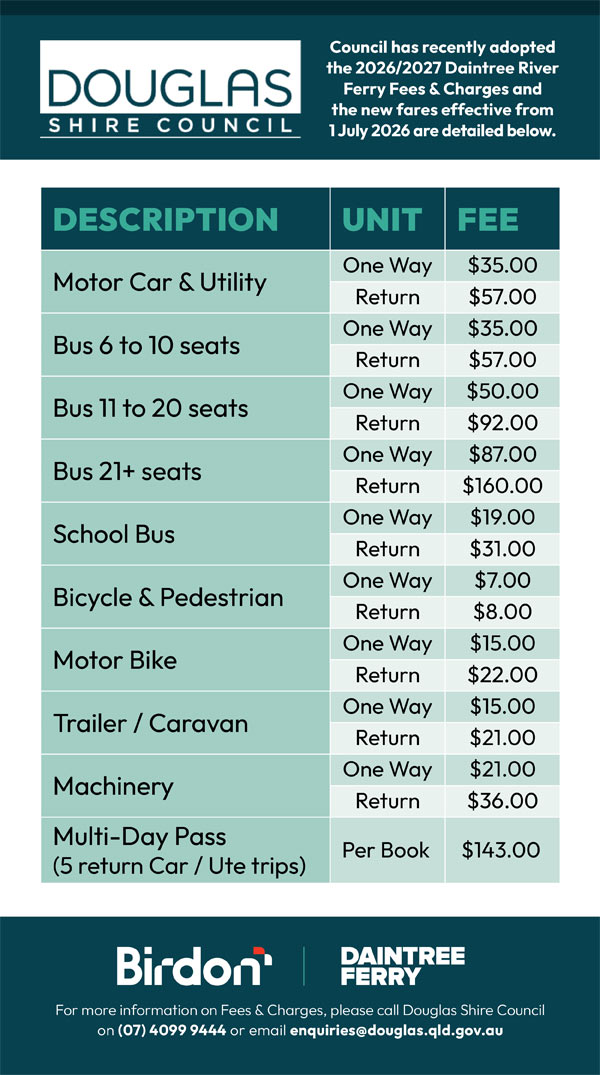 Daintree Ferry Ticket Pricing Card